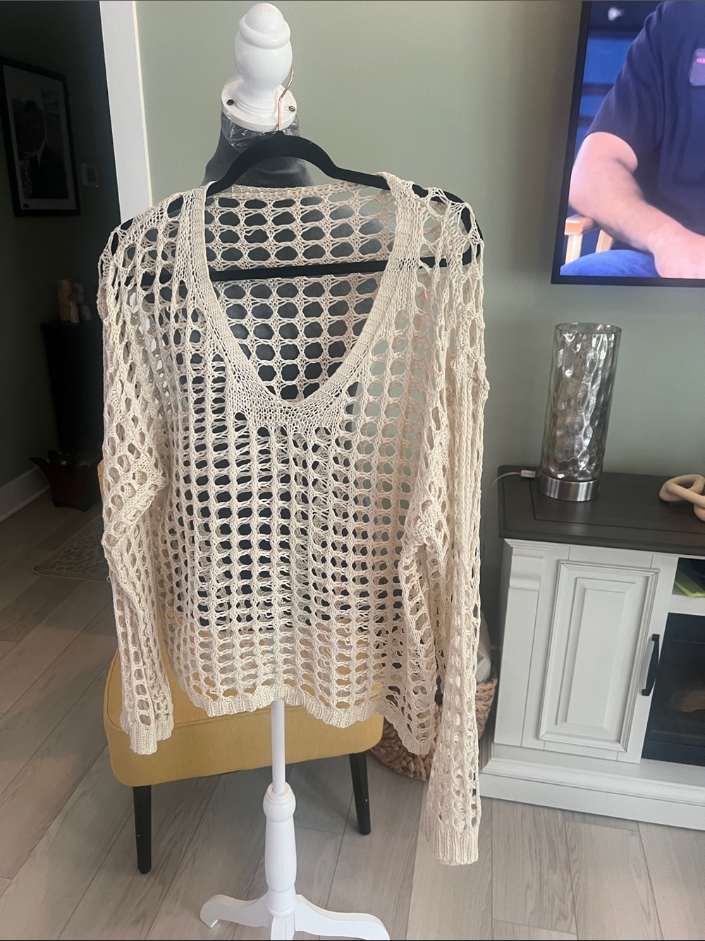 Amazon Open-Knit V-Neck Crochet Sweater Top Cream